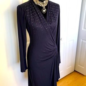 Karen Kane Navy Blue Studded Cascade Wrap Dress